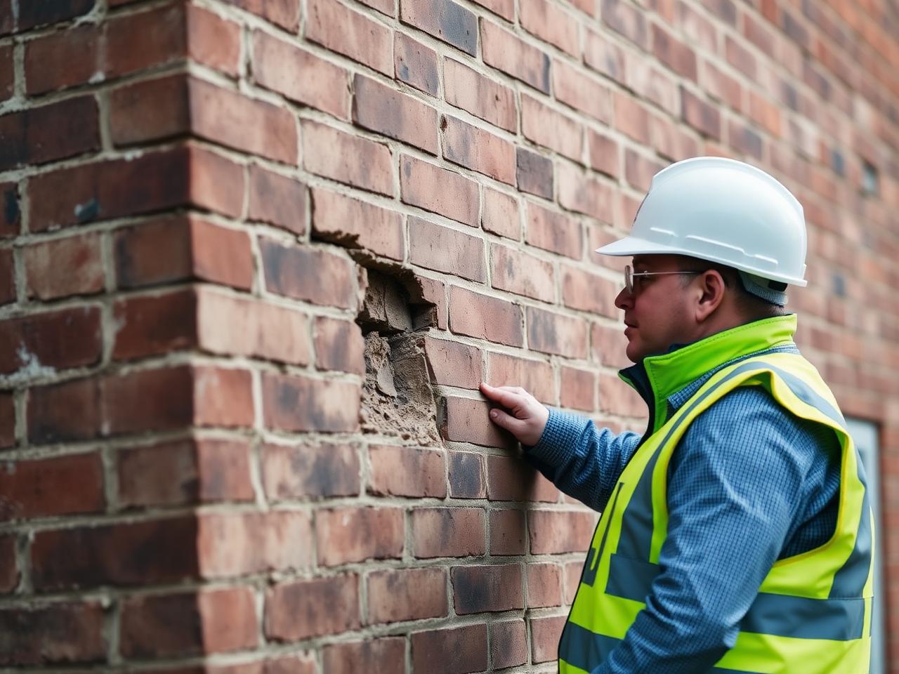 Surveyor inspecting subsidence cracks in a Buckinghamshire brick wall
